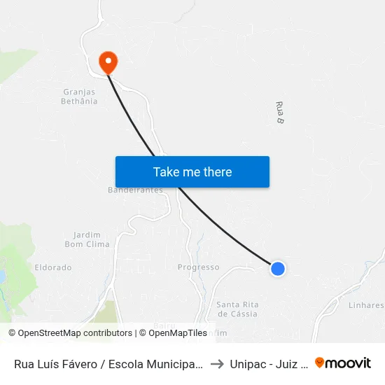 Rua Luís Fávero / Escola Municipal Marlene Barros to Unipac - Juiz De Fora map