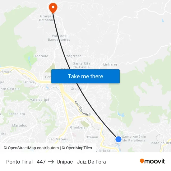 Ponto Final - 447 to Unipac - Juiz De Fora map