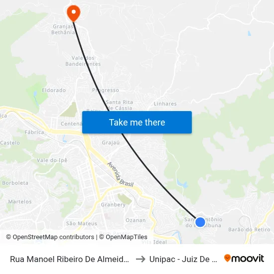 Rua Manoel Ribeiro De Almeida, 262 to Unipac - Juiz De Fora map