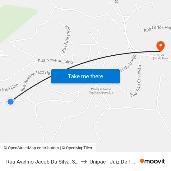 Rua Avelino Jacob Da Silva, 300 to Unipac - Juiz De Fora map