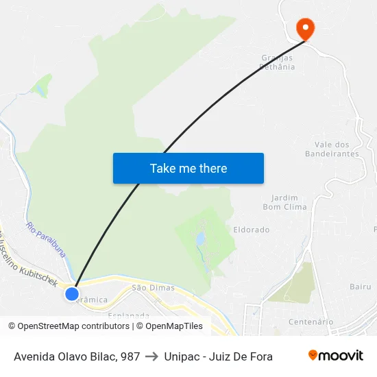 Avenida Olavo Bilac, 987 to Unipac - Juiz De Fora map