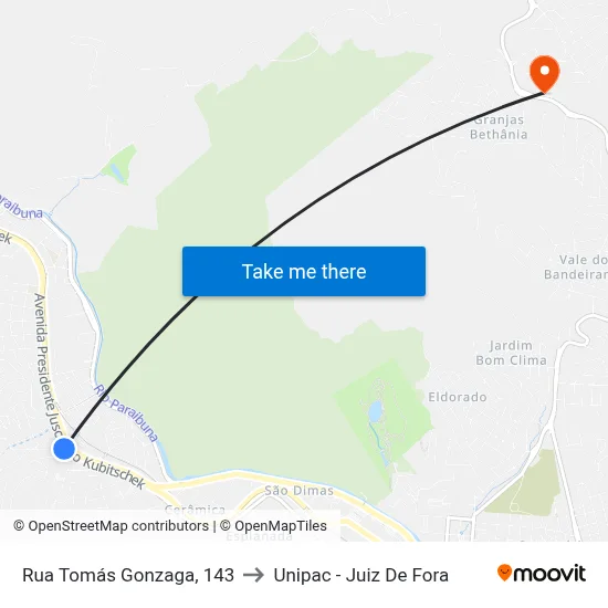 Rua Tomás Gonzaga, 143 to Unipac - Juiz De Fora map