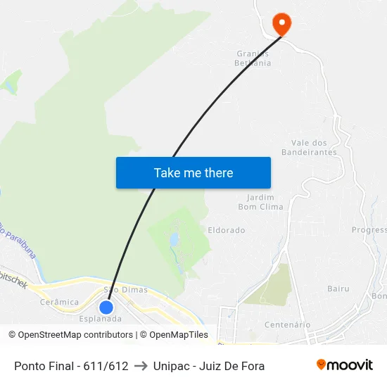 Ponto Final - 611/612 to Unipac - Juiz De Fora map
