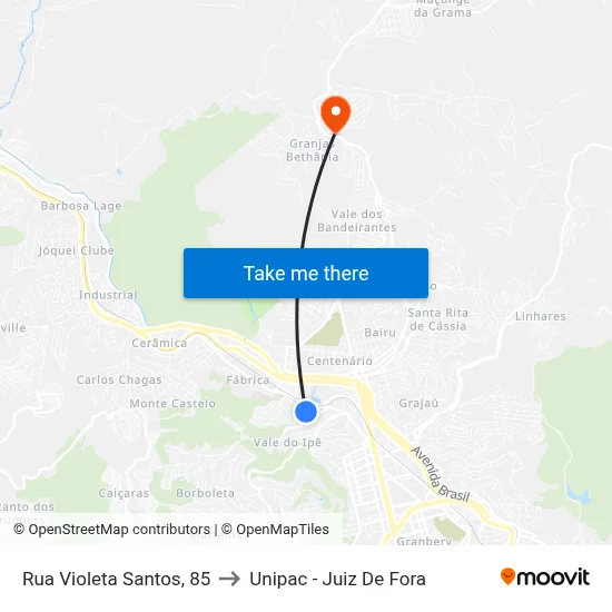Rua Violeta Santos, 85 to Unipac - Juiz De Fora map