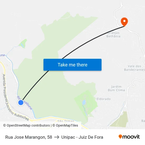 Rua Jose Marangon, 58 to Unipac - Juiz De Fora map