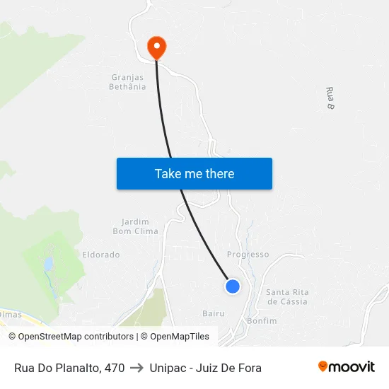 Rua Do Planalto, 470 to Unipac - Juiz De Fora map