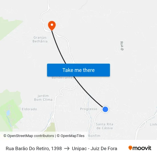 Rua Barão Do Retiro, 1398 to Unipac - Juiz De Fora map