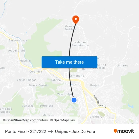 Ponto Final - 221/222 to Unipac - Juiz De Fora map