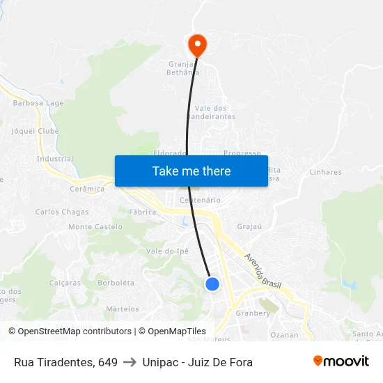 Rua Tiradentes, 649 to Unipac - Juiz De Fora map