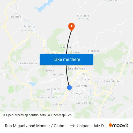 Rua Miguel José Mansur / Clube Cascatinha to Unipac - Juiz De Fora map