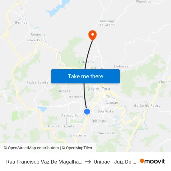 Rua Francisco Vaz De Magalhães, 41 to Unipac - Juiz De Fora map
