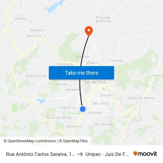Rua Antônio Carlos Saraíva, 190 to Unipac - Juiz De Fora map