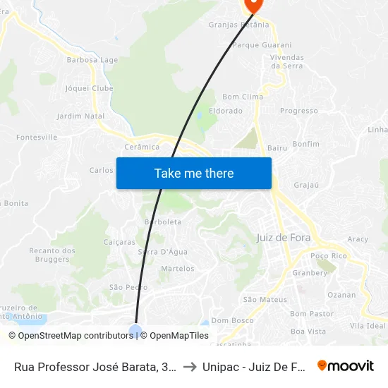Rua Professor José Barata, 382 to Unipac - Juiz De Fora map