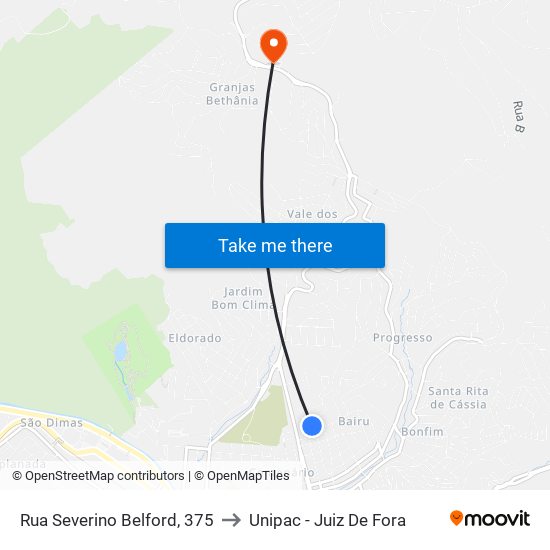 Rua Severino Belford, 375 to Unipac - Juiz De Fora map