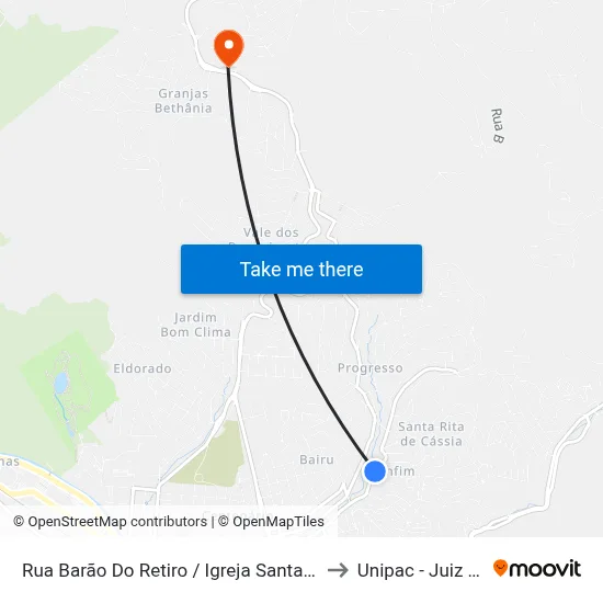 Rua Barão Do Retiro / Igreja Santa Rita De Cássia to Unipac - Juiz De Fora map