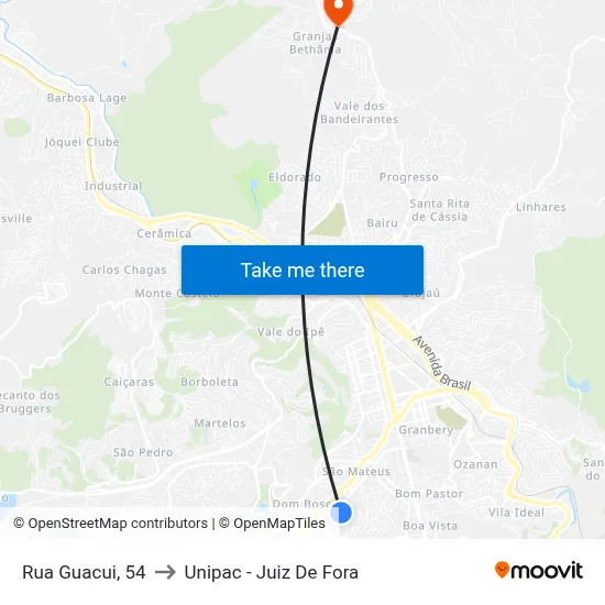Rua Guacui, 54 to Unipac - Juiz De Fora map