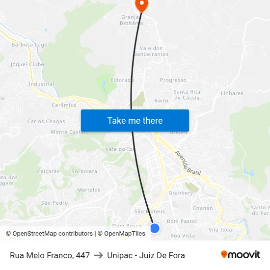 Rua Melo Franco, 447 to Unipac - Juiz De Fora map