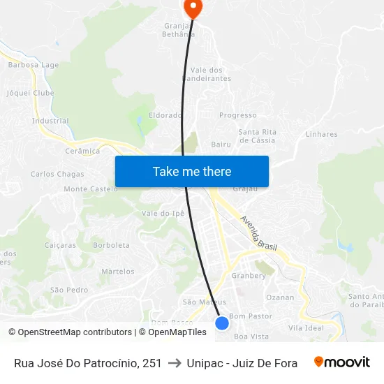 Rua José Do Patrocínio, 251 to Unipac - Juiz De Fora map