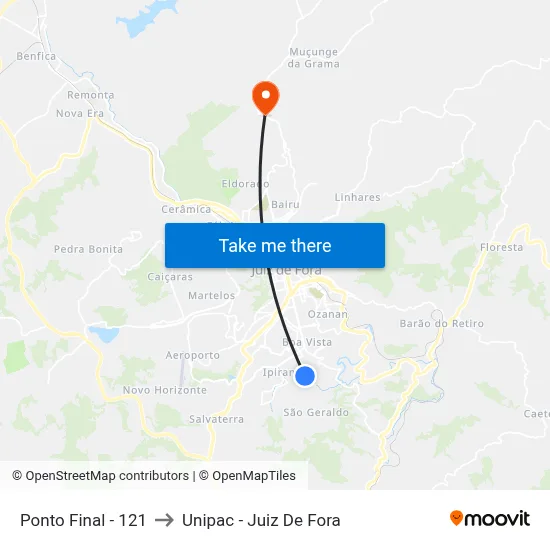 Ponto Final - 121 to Unipac - Juiz De Fora map