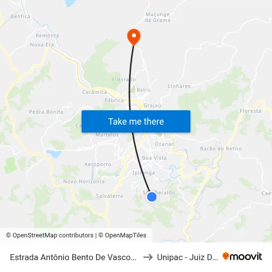 Estrada Antônio Bento De Vasconcellos, 601 to Unipac - Juiz De Fora map