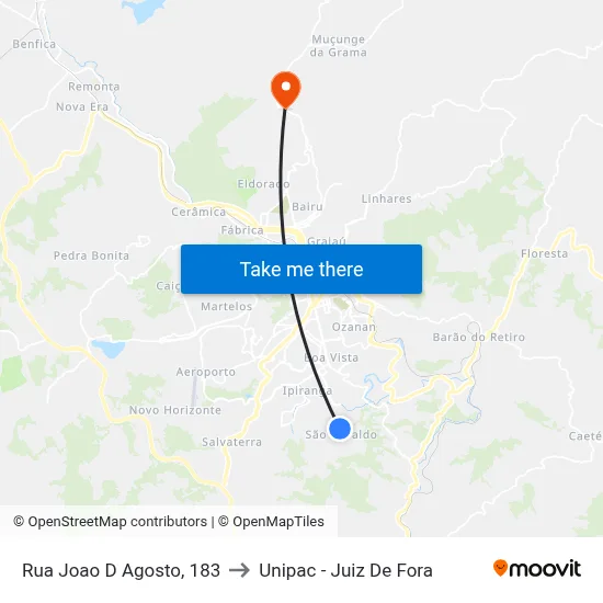 Rua Joao D Agosto, 183 to Unipac - Juiz De Fora map