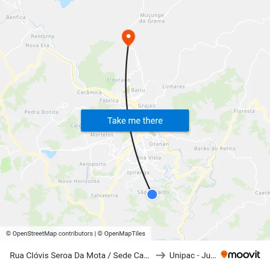 Rua Clóvis Seroa Da Mota / Sede Campestre Dos Comerciários to Unipac - Juiz De Fora map