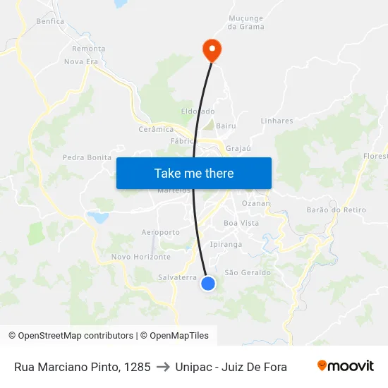 Rua Marciano Pinto, 1285 to Unipac - Juiz De Fora map