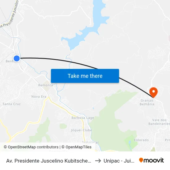 Av. Presidente Juscelino Kubitschek / Praça De Benfica to Unipac - Juiz De Fora map