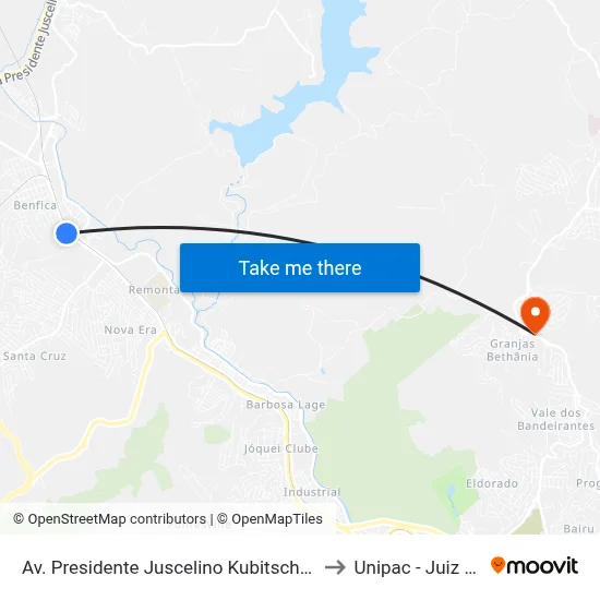 Av. Presidente Juscelino Kubitschek / Upa Norte to Unipac - Juiz De Fora map