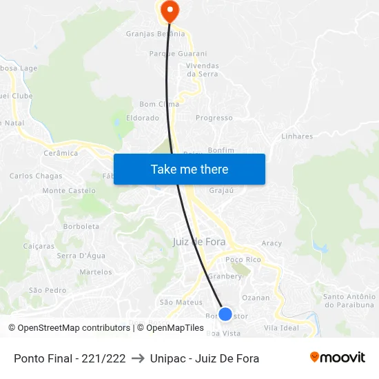 Ponto Final - 221/222 to Unipac - Juiz De Fora map