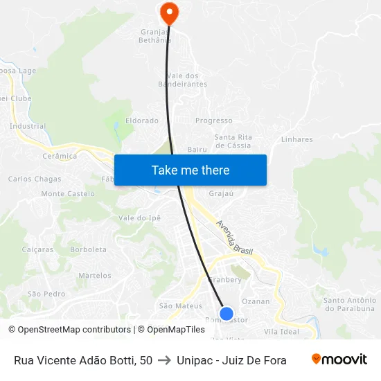 Rua Vicente Adão Botti, 50 to Unipac - Juiz De Fora map