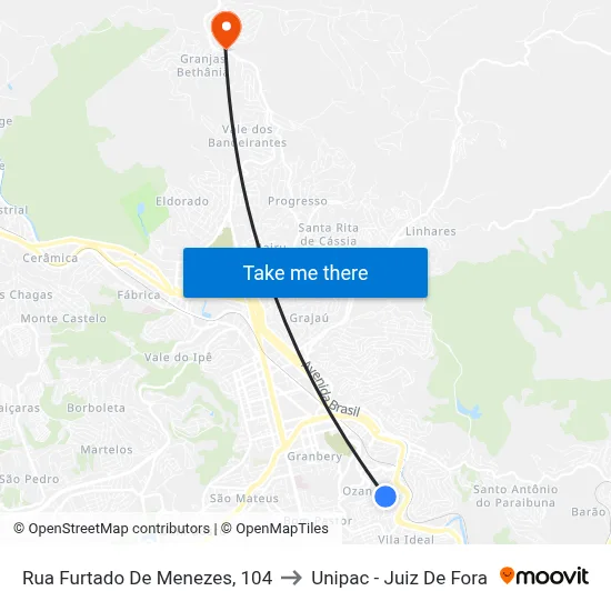 Rua Furtado De Menezes, 104 to Unipac - Juiz De Fora map