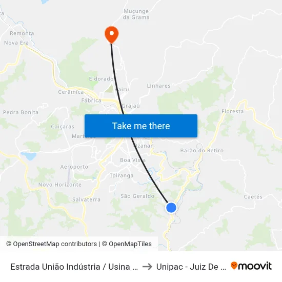 Estrada União Indústria / Usina Quatro to Unipac - Juiz De Fora map
