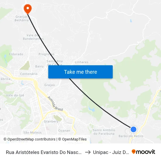 Rua Aristóteles Evaristo Do Nascimento, 481 to Unipac - Juiz De Fora map