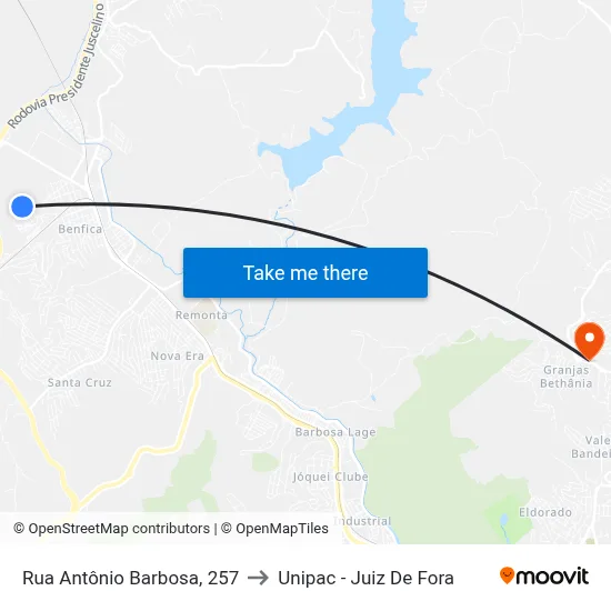 Rua Antônio Barbosa, 257 to Unipac - Juiz De Fora map