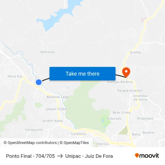 Ponto Final - 704/705 to Unipac - Juiz De Fora map