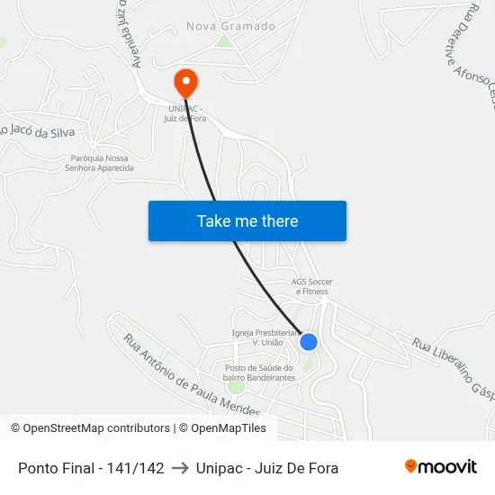 Ponto Final - 141/142 to Unipac - Juiz De Fora map
