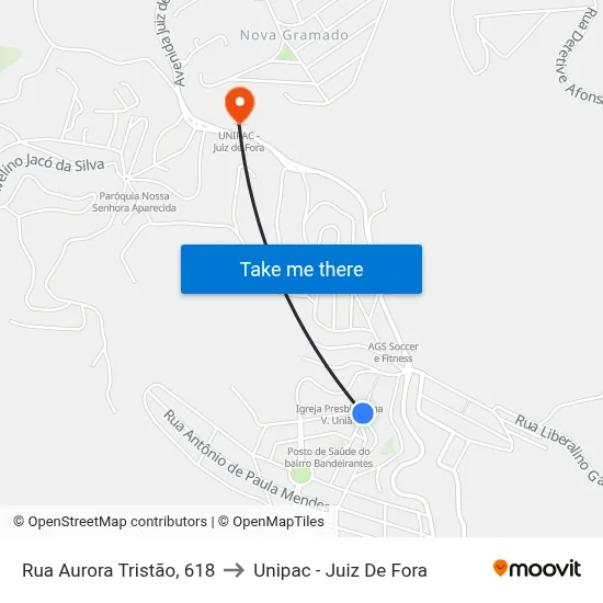 Rua Aurora Tristão, 618 to Unipac - Juiz De Fora map