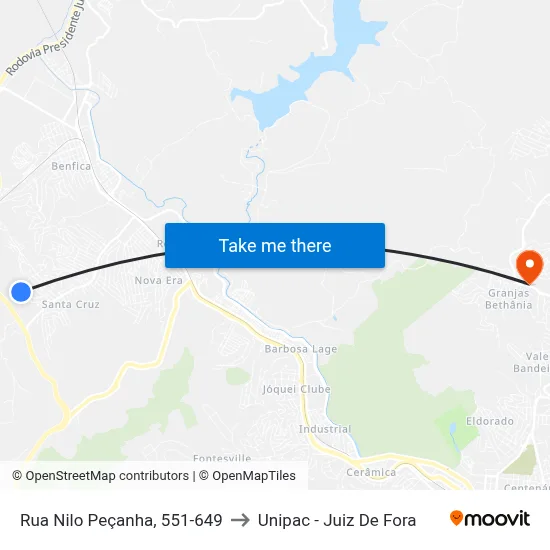 Rua Nilo Peçanha, 551-649 to Unipac - Juiz De Fora map