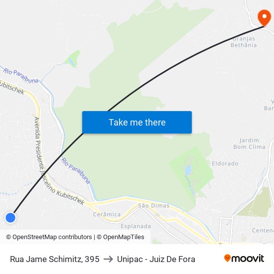 Rua Jame Schimitz, 395 to Unipac - Juiz De Fora map