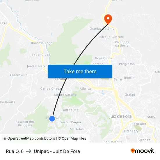 Rua O, 6 to Unipac - Juiz De Fora map