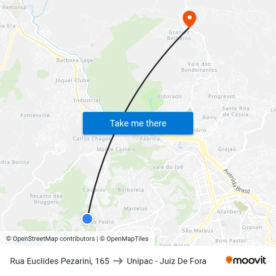 Rua Euclides Pezarini, 165 to Unipac - Juiz De Fora map