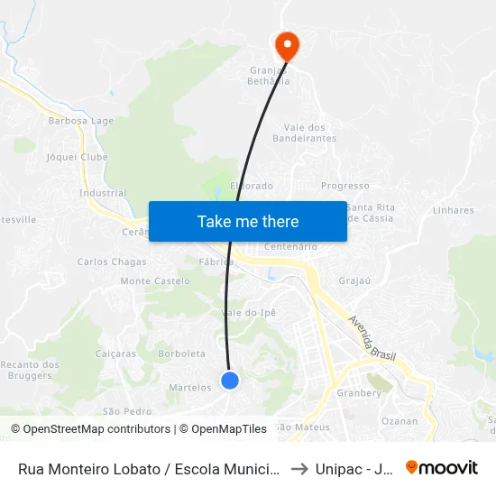 Rua Monteiro Lobato / Escola Municipal Maria Aparecida Sarmento to Unipac - Juiz De Fora map