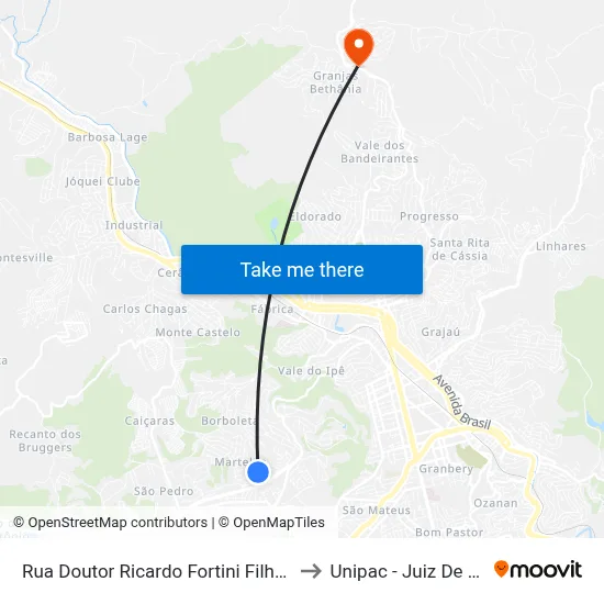 Rua Doutor Ricardo Fortini Filho, 125 to Unipac - Juiz De Fora map
