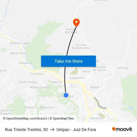 Rua Trieste Trentini, 50 to Unipac - Juiz De Fora map