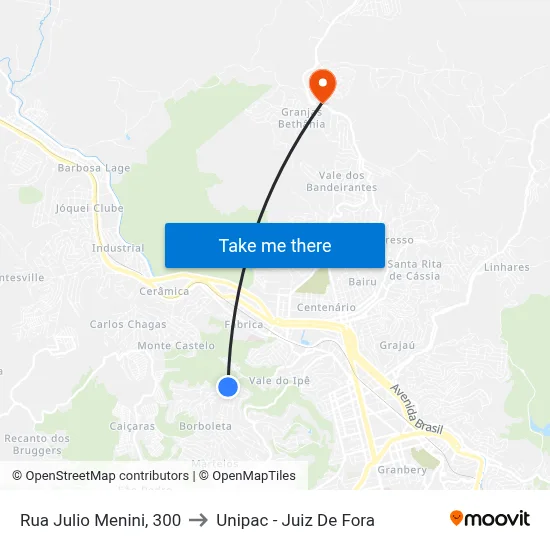 Rua Julio Menini, 300 to Unipac - Juiz De Fora map