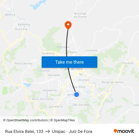 Rua Elvira Belei, 133 to Unipac - Juiz De Fora map