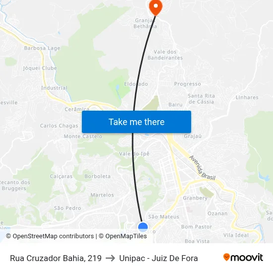 Rua Cruzador Bahia, 219 to Unipac - Juiz De Fora map