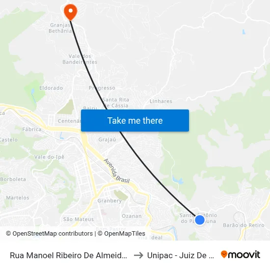 Rua Manoel Ribeiro De Almeida, 416 to Unipac - Juiz De Fora map