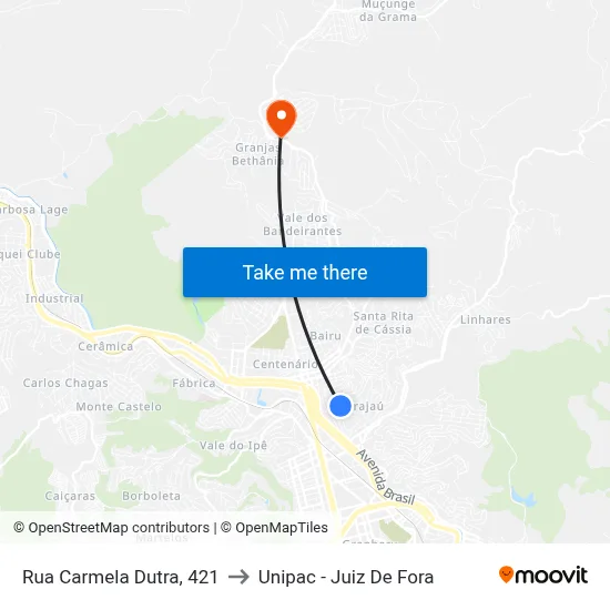 Rua Carmela Dutra, 421 to Unipac - Juiz De Fora map
